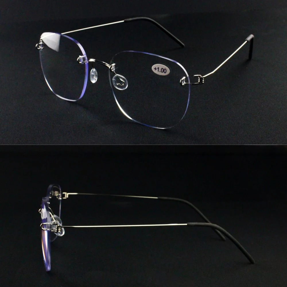 Blaulicht-Lesebrille für Damen und Herren, modische Business-Brille, randlos, Metall, extra groß, Silber + 1,5, 2, 2,5, 3, 3,5 – Detail 7