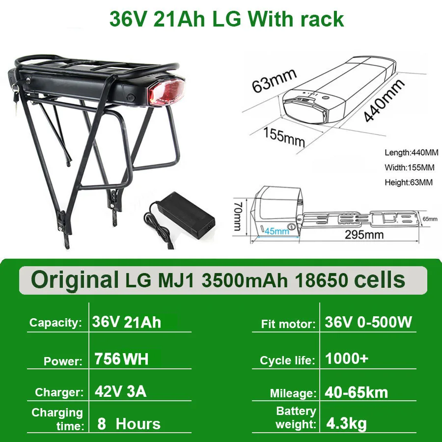 Ebike Batterij 36V 18Ah 17.5Ah 13AH 15H Achterdrager Elektrische Fiets Batterij 18650 27100 Pack voor 36V 250W 350W 500W Motor Kit