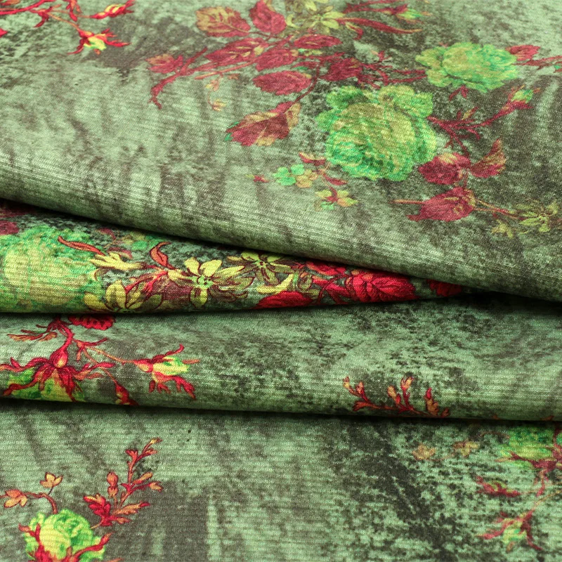 Red Leaves Green Flower Printed Silk Wool Fabric Autumn Winter Textured Thermal Underwear Blouse Dress Warm Clothing Fabric