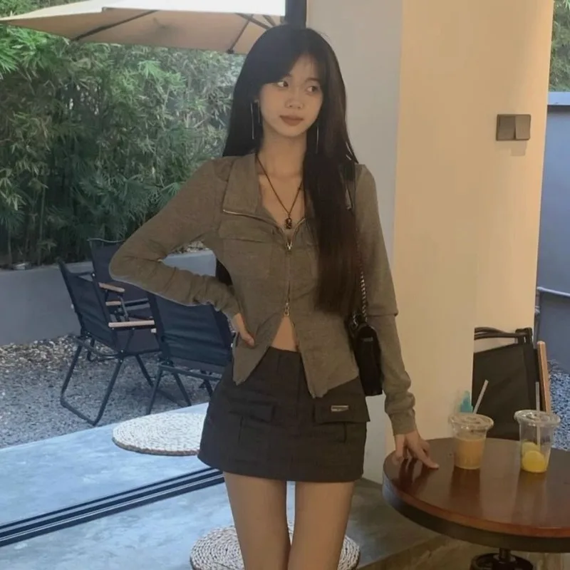 حار فتاة نقية المثيرة مزدوجة سحابات بدوره إلى أسفل طوق بأكمام طويلة تي شيرت امرأة الربيع/الصيف شكل المناسب Midriff-baring #3