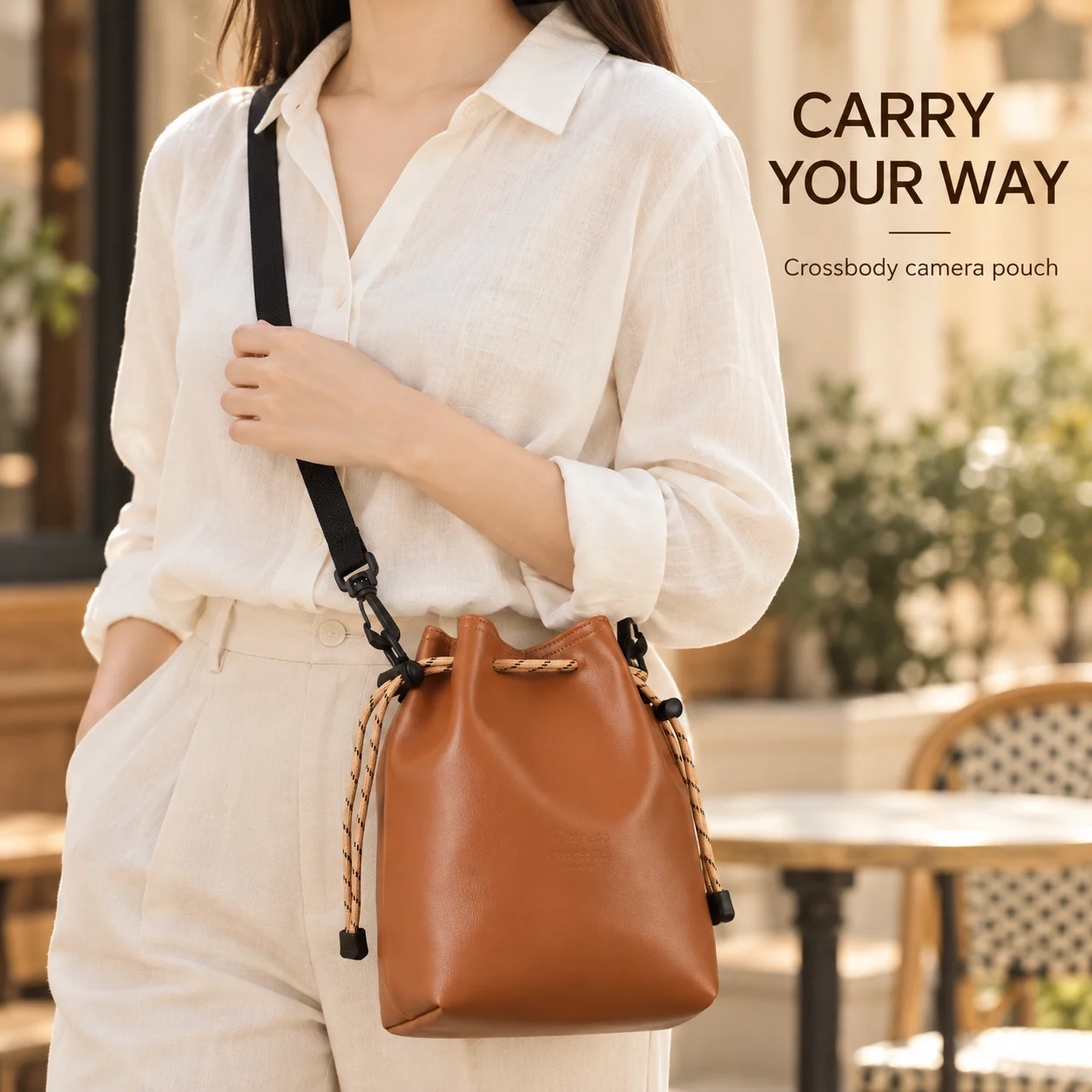 Drawstring Camera Bag with Shoulder Strap Soft Fabric Lining and Inner Pockets Portable Camera Storage Pouch for Travel