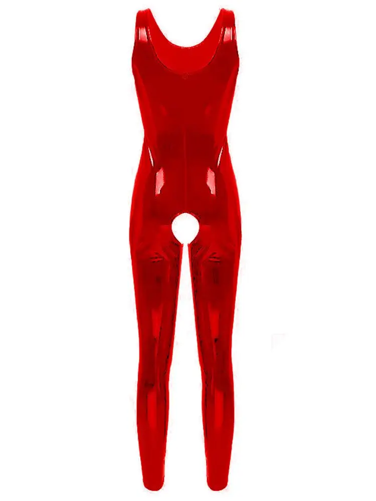 Catsuit de PVC de aspecto húmedo sin mangas para S-5XL, mono de entrepierna abierta de cuero PU brillante, mono ajustado para Cosplay, leotardo Sexy para discoteca