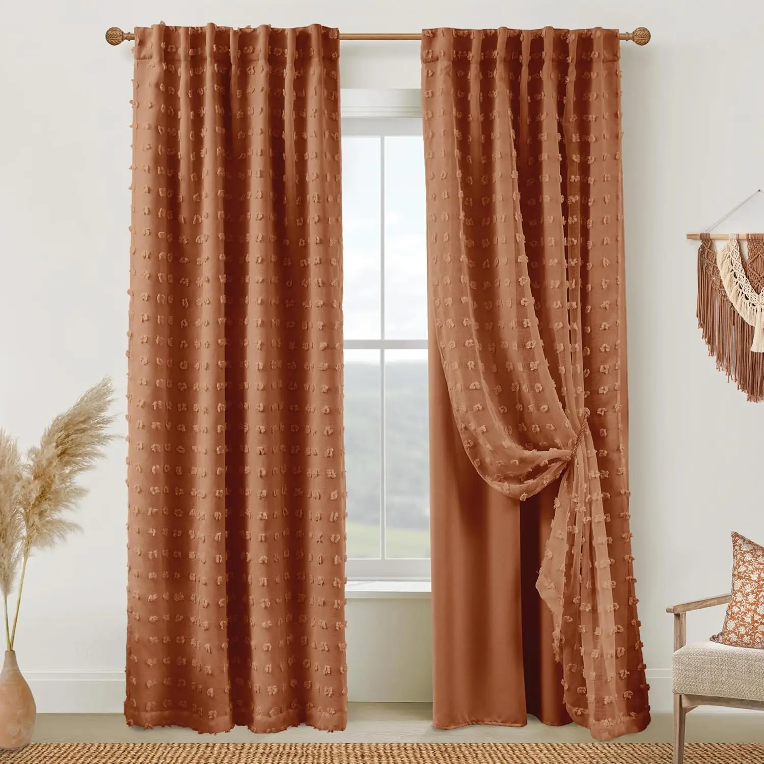 Boho Blackout Curtains for Bedroom 84 Inch Length 2 Panels Set Vintage Farmhouse Terracotta Rust Pom Pom Textured Patterned