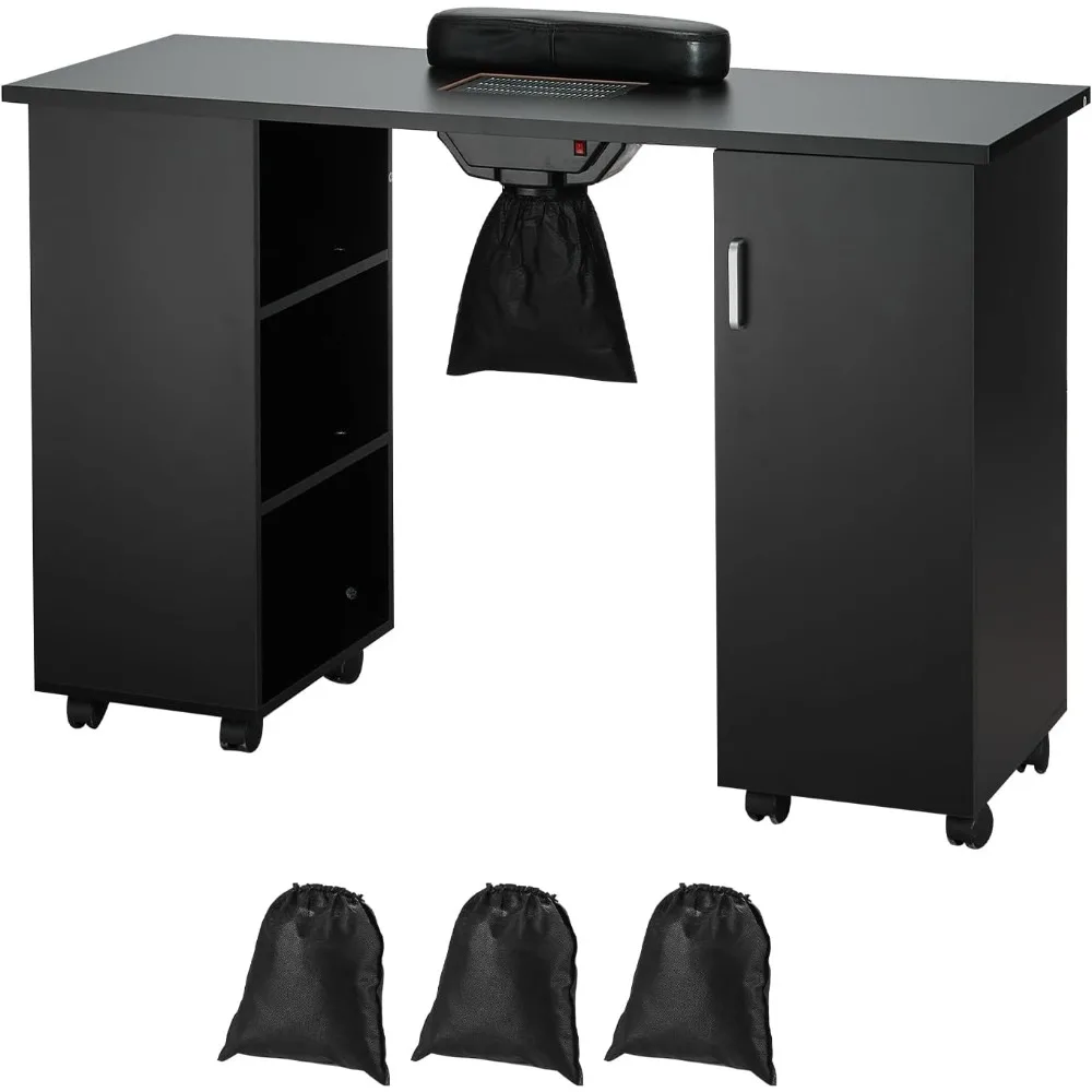 Manicure Nail Table, Mobile Nail Station with Powerful Dust Collector, MDF Nail Tech Desk with 8 Lockable Wheels