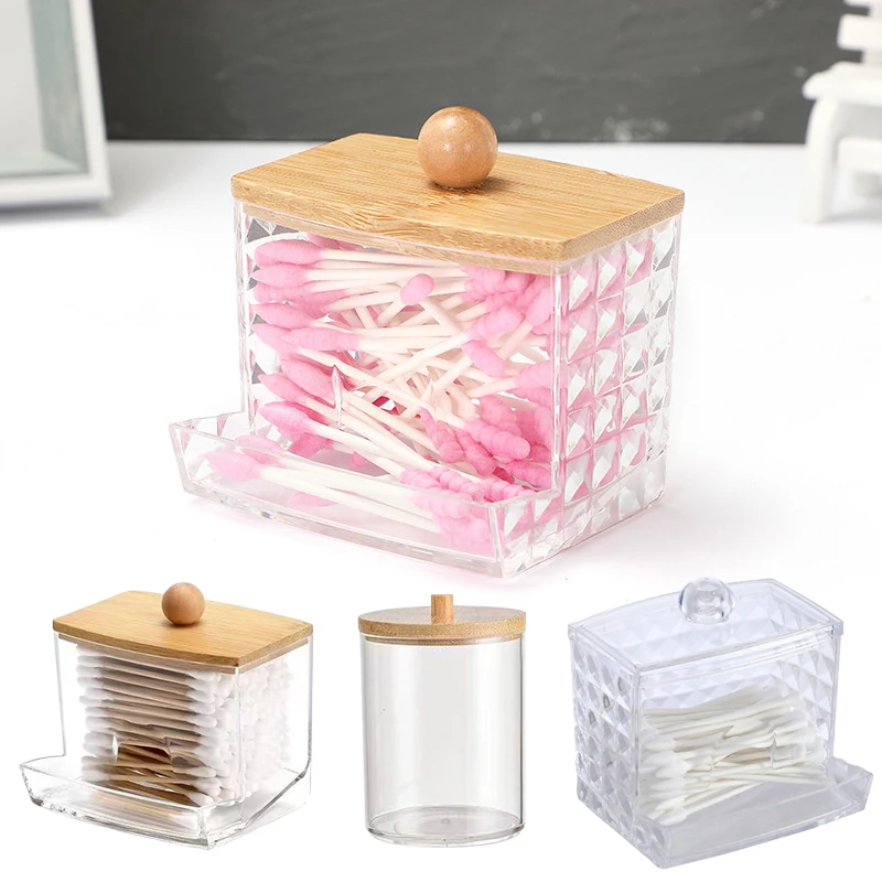 Multifunctional Makeup Cotton Pad Organizer Storage Box For Cotton Swabs Rod Bathroom Qtip Container With Bamboo Lid