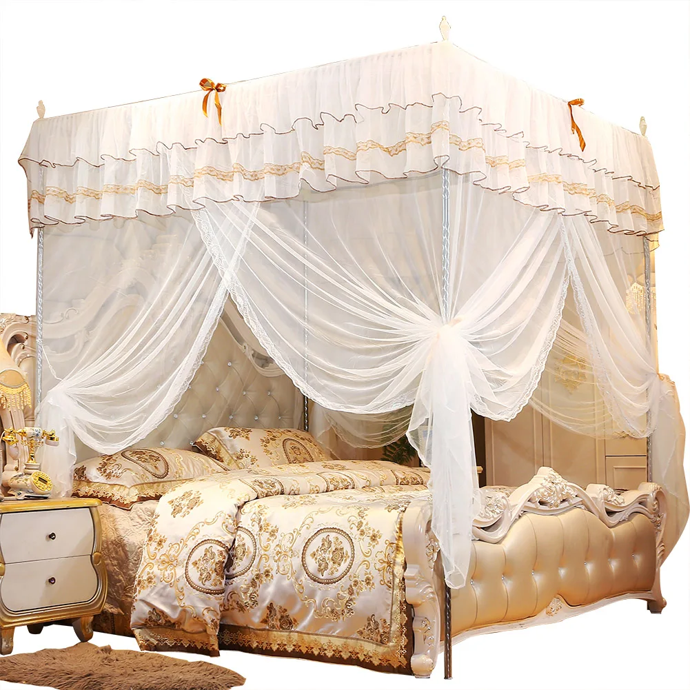 Three Side Openings Mosquito Net with Lace, Breathable Polyester for Bedroom, Easy to Install & Machine Washable