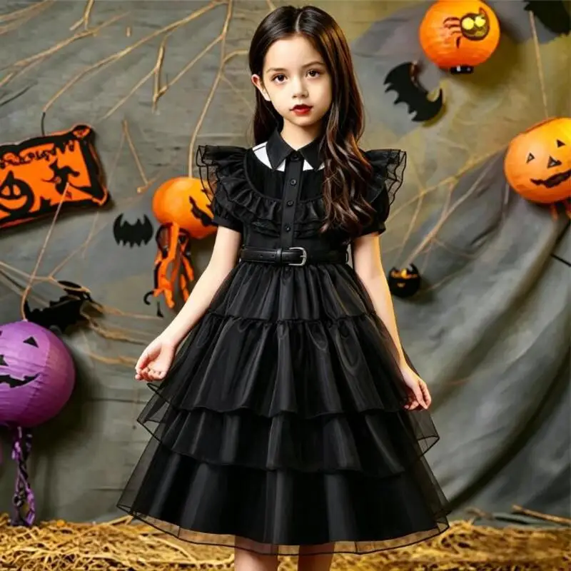 Girls Black Gothic Tutu Dress Halloween Spooky Witch Cosplay Costume Kids Dark Carnival Party Layered Tulle Fancy‑Dress Outfit