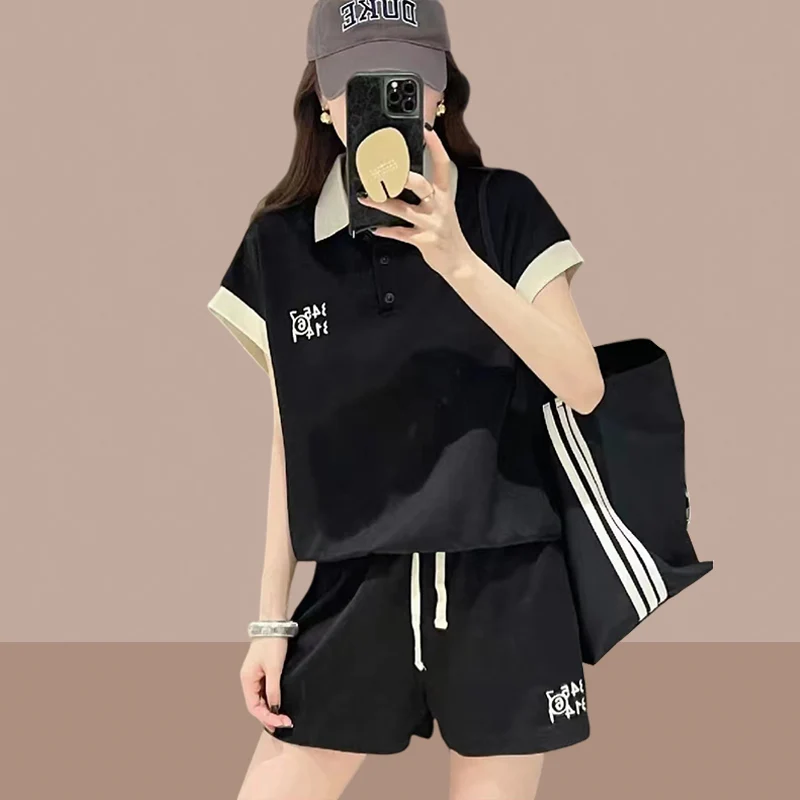 

Leisure sportswear set, women's summer fashion loose fitting short sleeved Polo neck T-shirt, elastic waist shorts two-piece set