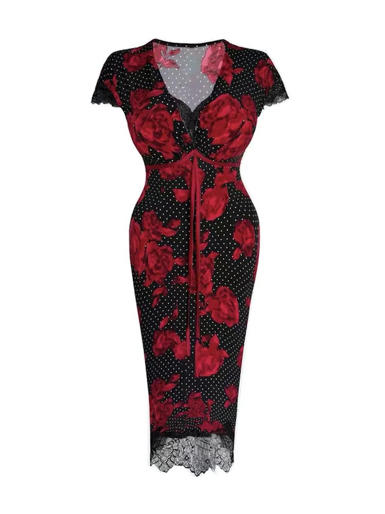 

plus Size Lace Print Wrap Dress V-Neck Rose Butt Skirt Hong Kong Style Sexy Slimming High Waist Polyester Spandex Blend Short...