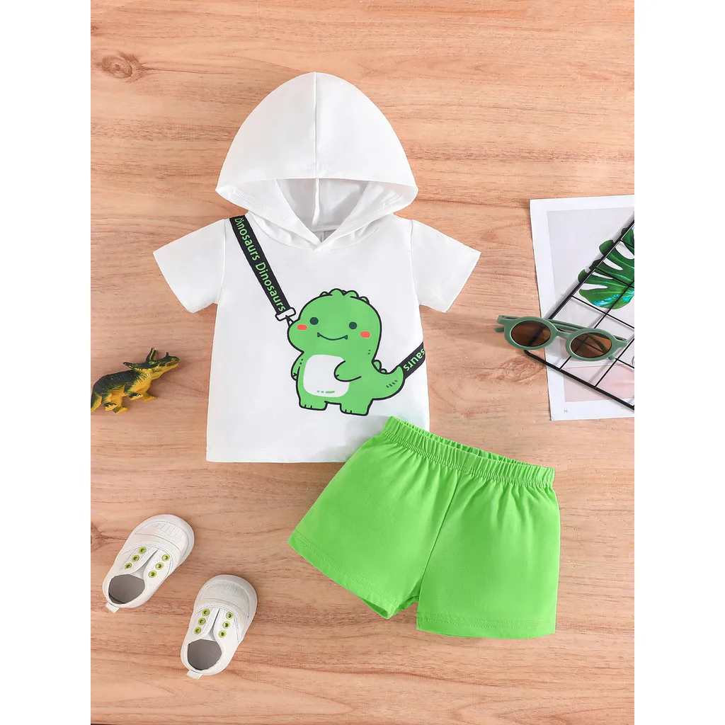 Clothing Set For Kid Boy 6Months-4Years old Summer Cartoon Cute Dinosaur Short Sleeve Hoodie Tee and Shorts For Newborn Baby