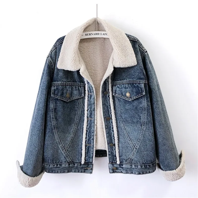 

Vintage Blue Winter Thick Denim Jacket Coat Women Long Sleeve Cowboy Outerwear Loose Short Lambswool Liner Jeans Jacket Female