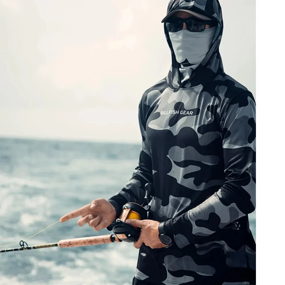 

BILLFISH Gear Camo Fishing Hoodie for Men Sun Protection with Face Mask UPF 50+ Hunting Shirts Men Long Sleeve Apparel