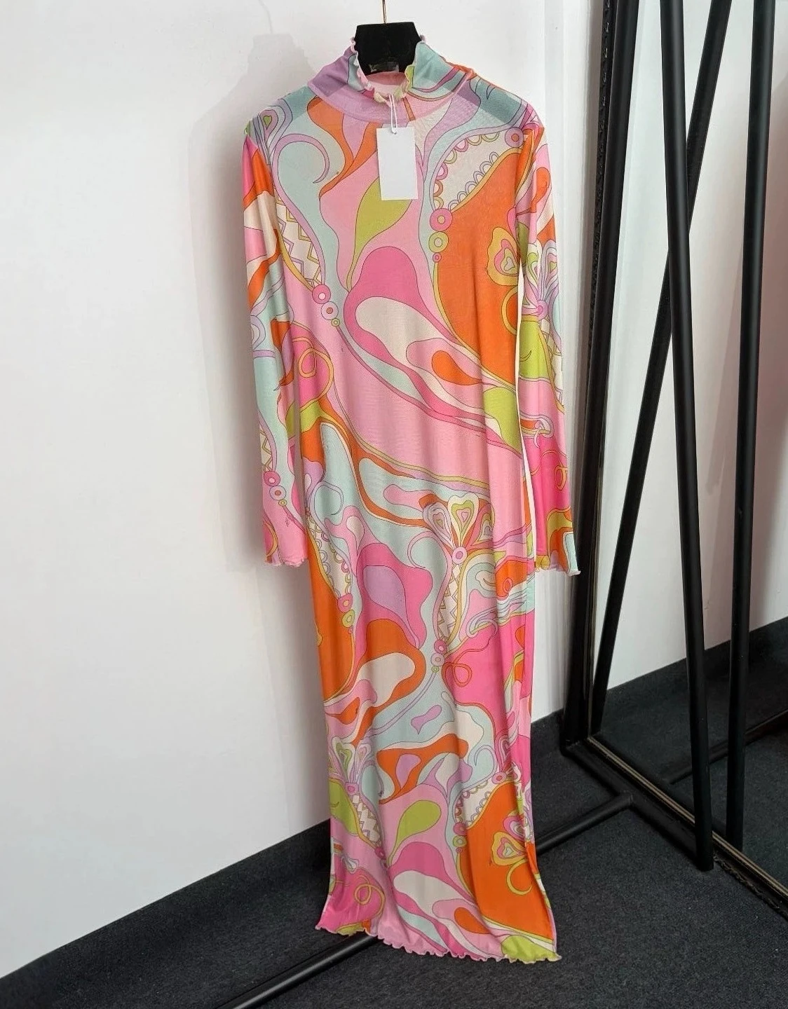 Party fashion elegant geometric color blocked printed floor length skirt, semi high neck slim fit long sleeved mesh dress image 3