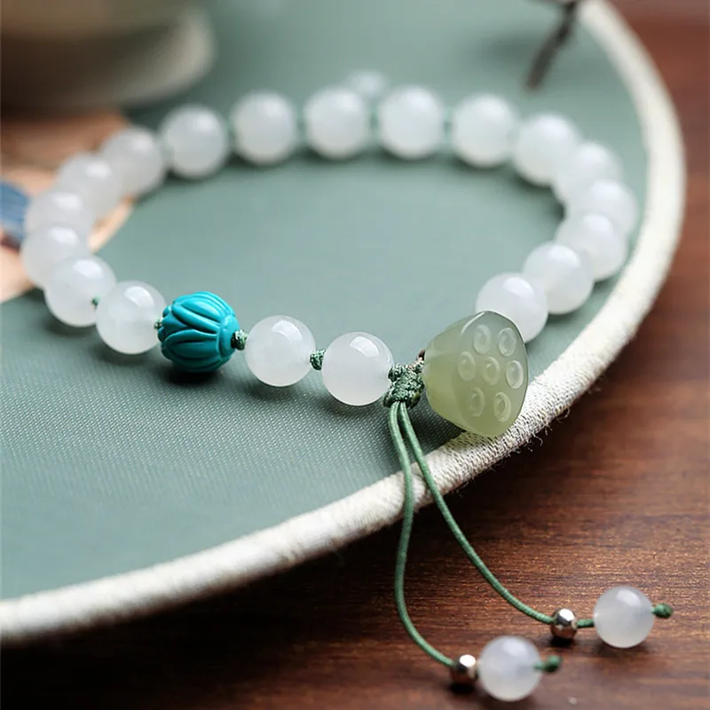 Natural Hetian Jade White Jade Lotus High Quality Handmade Beaded Jade Beads Crystal Bracelet Fashion Bracelet