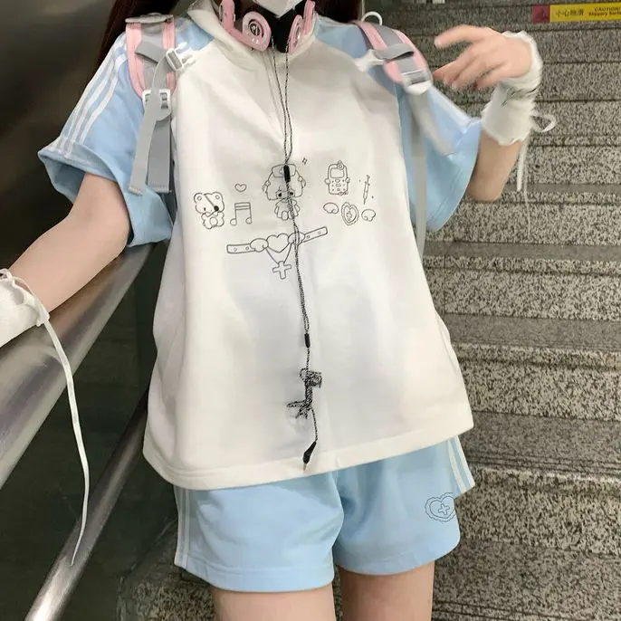 Cute Heart Print Casual Sports orts Women's Student Harajuku Sle Five-Quarter Wide Leg Comfy Faionable Summer 2025