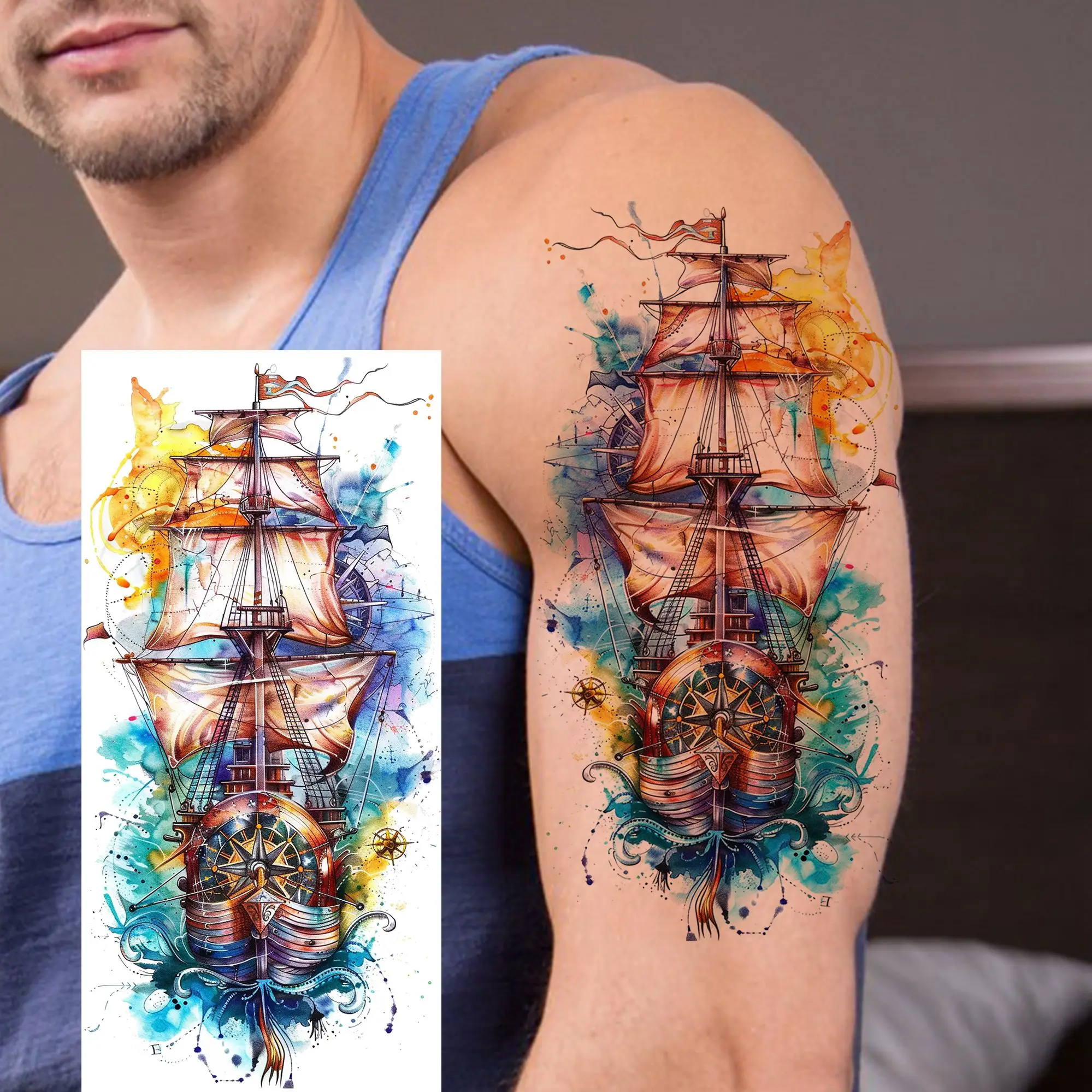 1 Sheet Watercolor Sailing Pirate Ship Waterproof Temporary Tattoos For Men Women Adults Realistic Sailboat Fake Tattoo Sticker