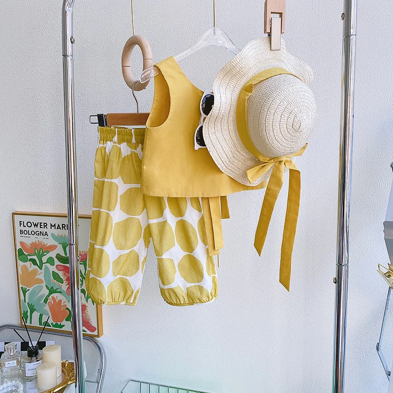 Fashionable Countryside Backless Bow Tie Pullover+polka Dot Lantern Pants+hat Three Piece Set for Girls' Clothes Summer New