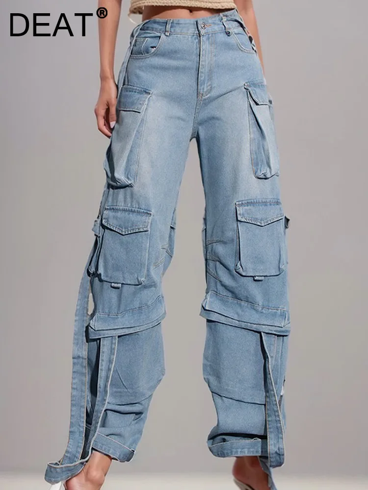 

DEAT 2024 Spring Spliced Bandage Belt Jeans For Women Fashion Pockets Hollow Out Split Denim Pants Female New Items 11XX8592