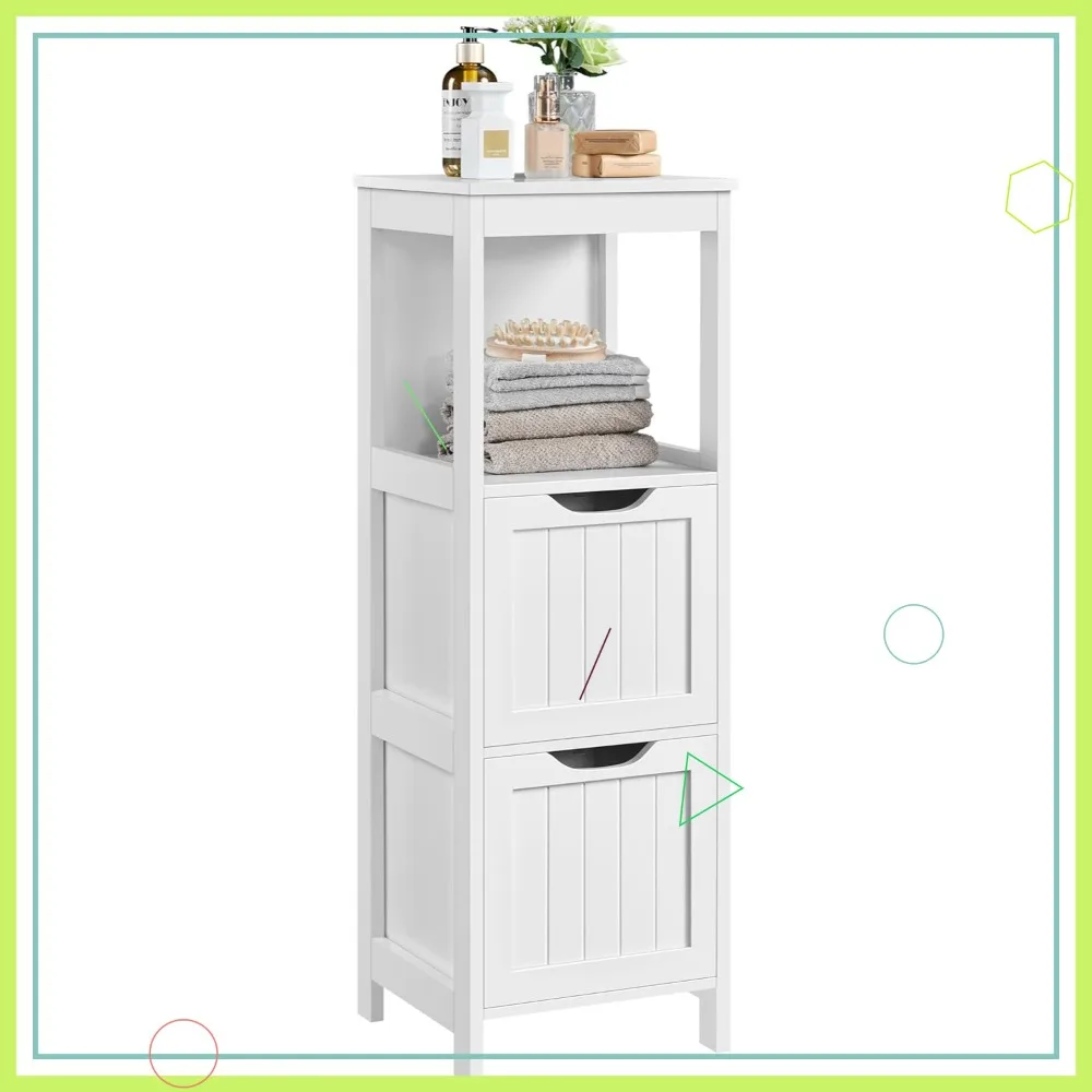 

White Wooden Bathroom Storage Cabinet with 2 Drawers, Multifunctional Organizer Rack for Home Decor
