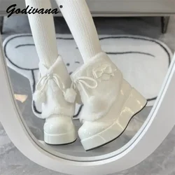 Cute Sweet Warm Lolita Plush Thick-soled Fluffy Shoes New Winter Girls Snow Boots Fur Ball Women's Black and White Short Boots