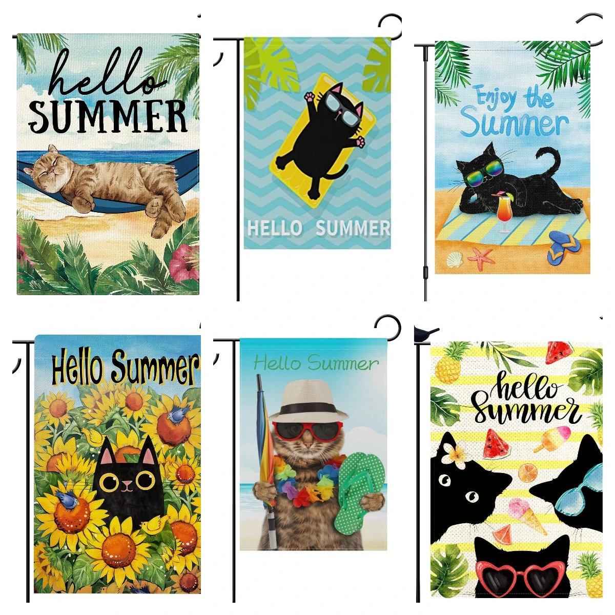 Cooper Girl Hello Summer Funny Cat Garden Flag Yard Banner Polyester for Home Flower Pot Outdoor Decor 12X18 Inch