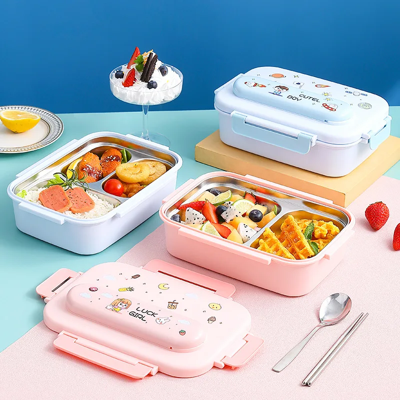 Stainless Steel Kids Lunch Box Portable Bento Box with Cutlery Student Worker Snack Box Water Filled Heating Thermal Bag