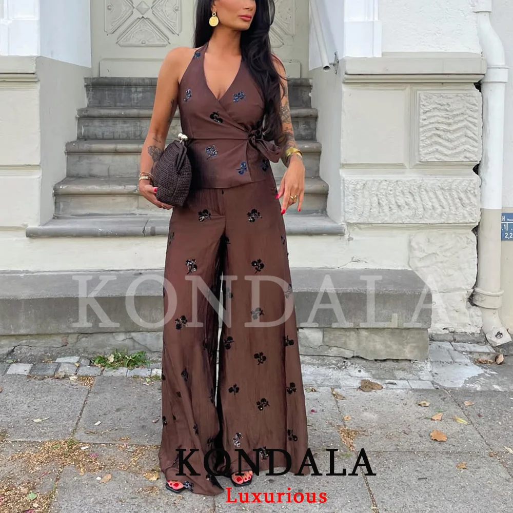 KONDALA Vintage Sexy Chic Damen-Hosenanzug Rückenfreies Pailletten-Neckholder-Top Lange Weite Hose Mode 2026 Frühling Sommer Strandanzug