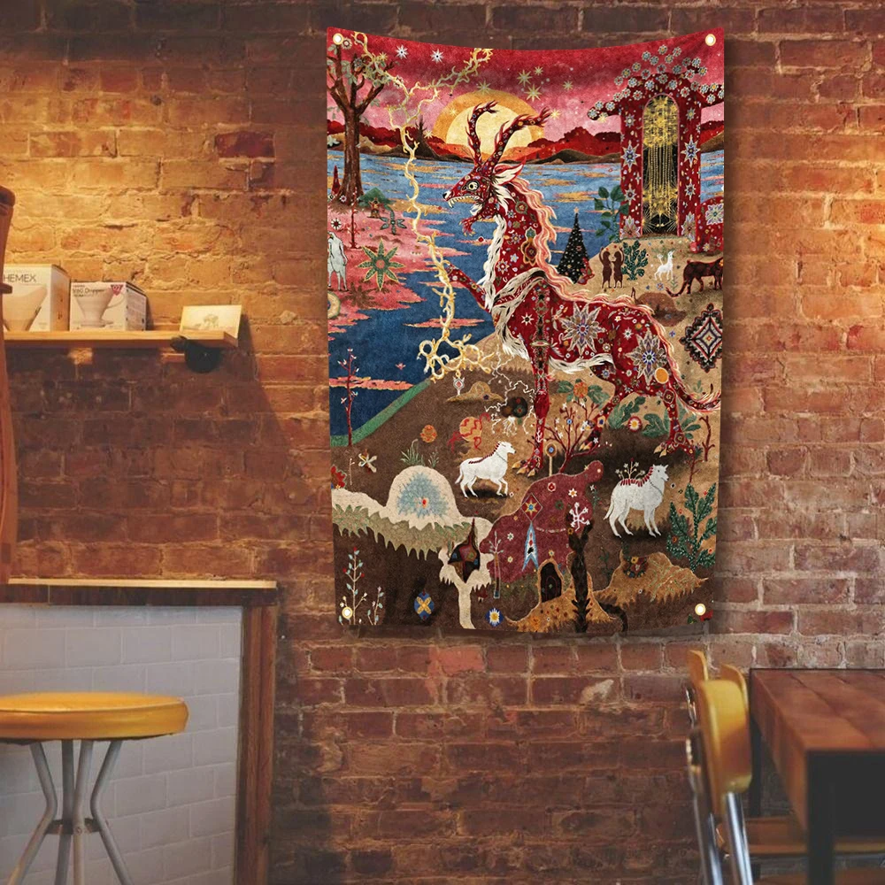 90x150cm Vintage Art Dragon Deer Flag Hippie Bohemian Mandala Wall Tapestry Bedroom Dorm Decor Indoor Outdoor Decor