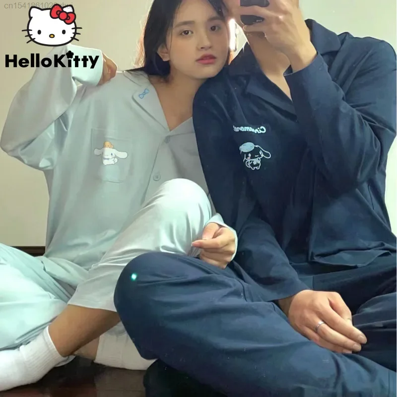 Sanrio Cinnamoroll Couple Pajamas Spring Autumn New Style Cotton Long Sleeved Home Clothes Cute Korean Aesthetic Pijamas Set Y2k