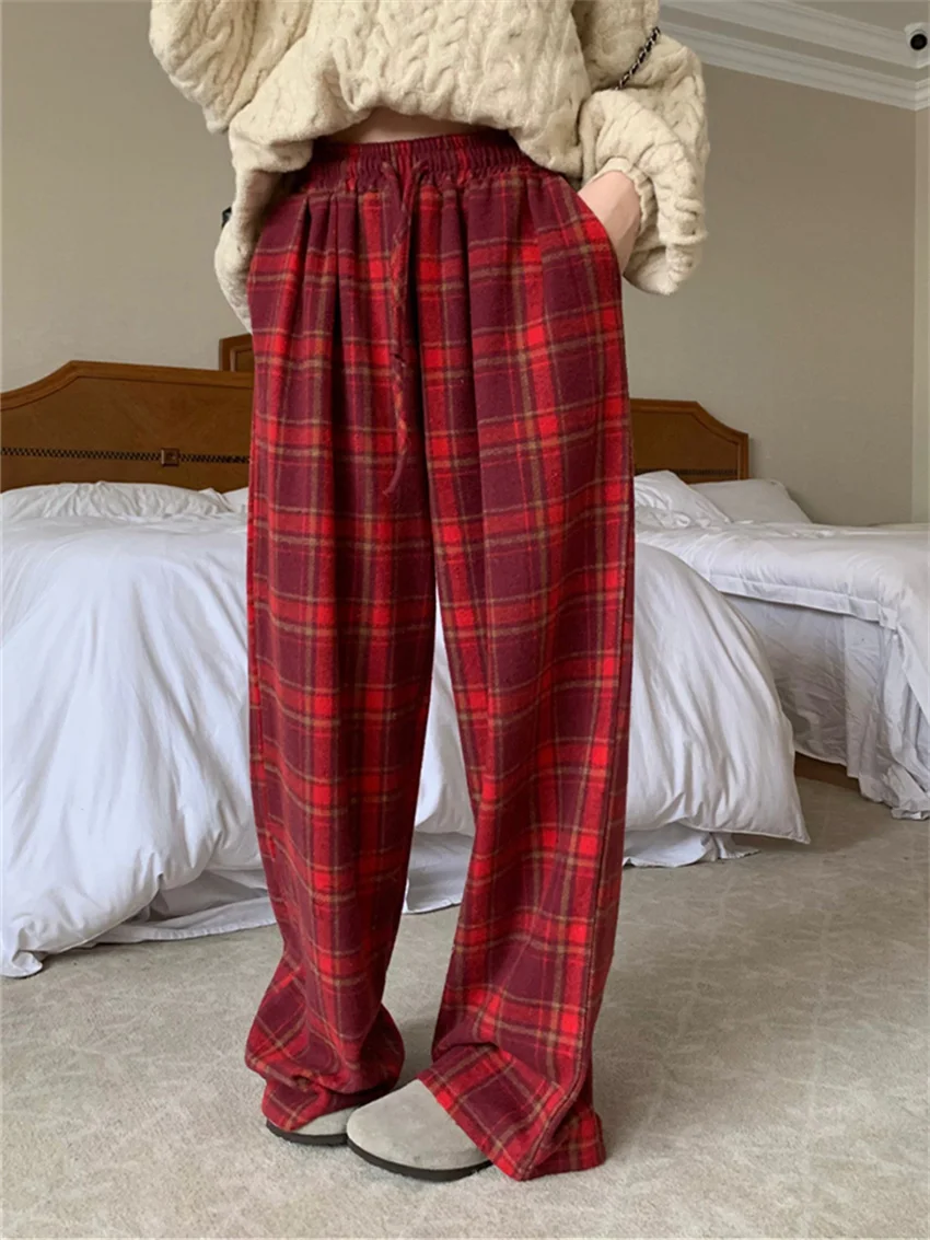 PLAMTEE Red Woolen Pants Women Chic Daily High Waist Streetwear Plaid 2023 Vintage Loose New Wide Leg Casual Winter Office Lady