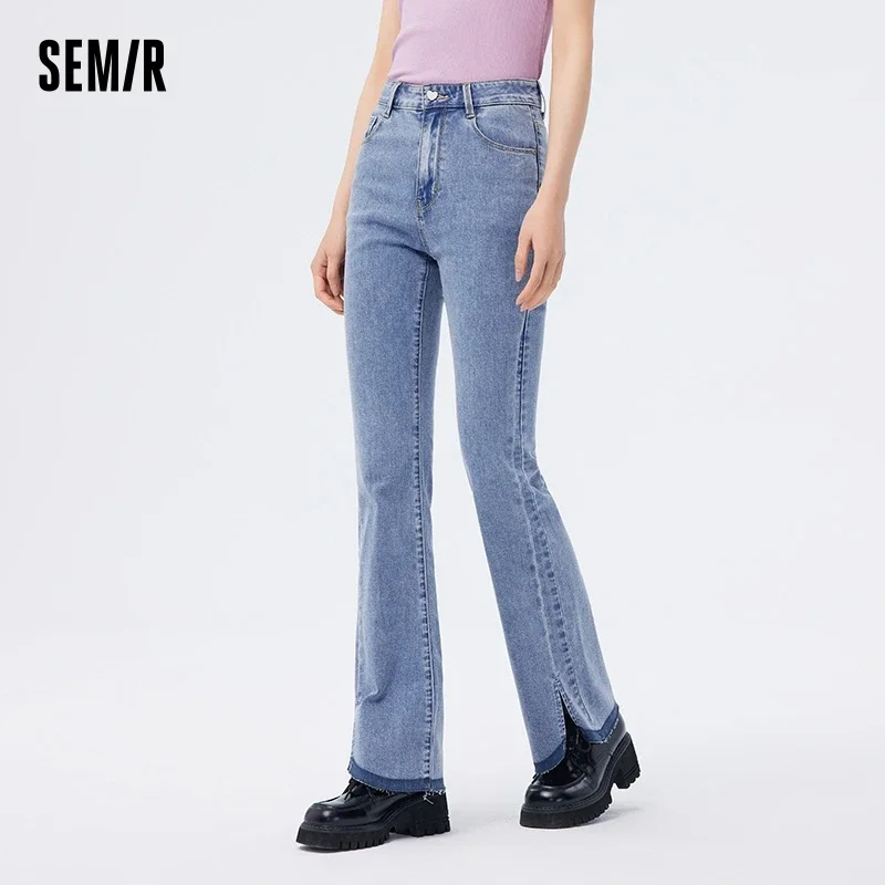 Semir Jeans Women Collision Colour Open Flared Trousers Thin 2024 Summer New Raw Edge Demin Trousers