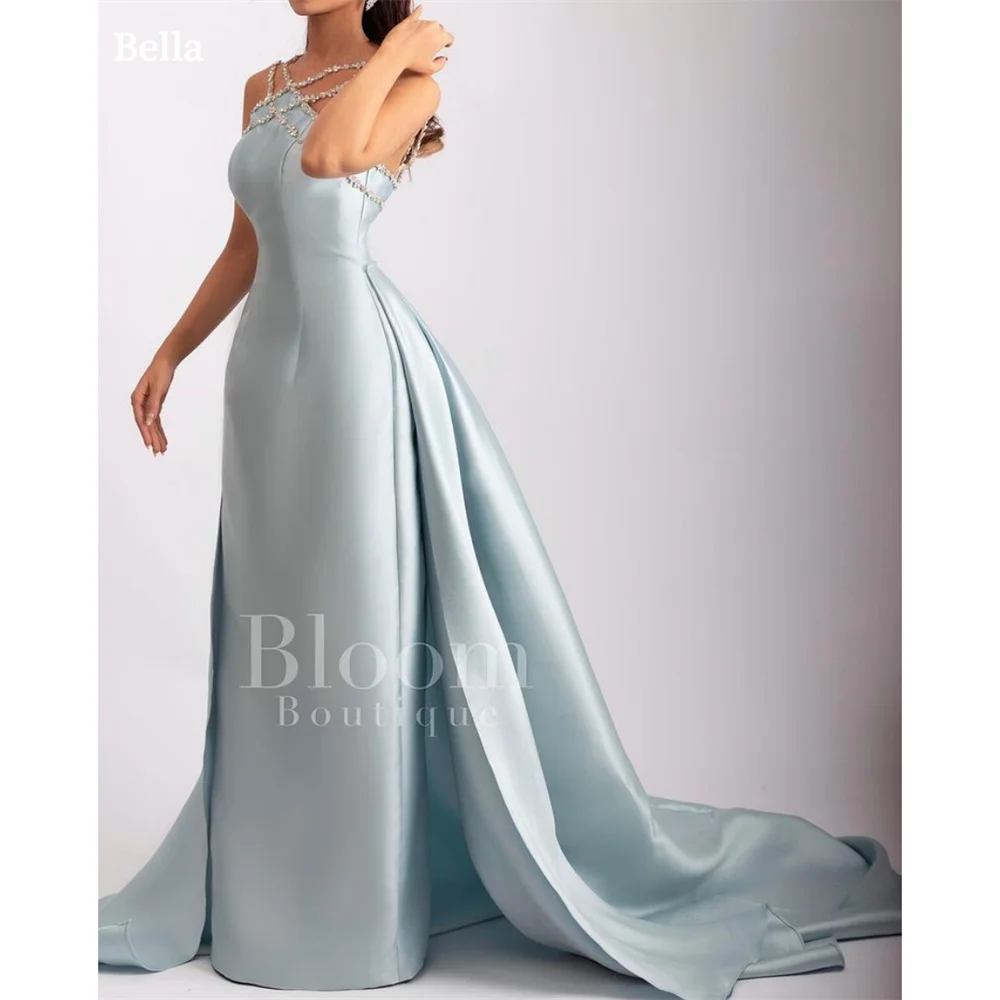 Bella Light Blue Robes De Soirée Halter Neck Mermaid Detachable Train Prom Dresses Sleeveless Floor-length Wedding Dress 2024