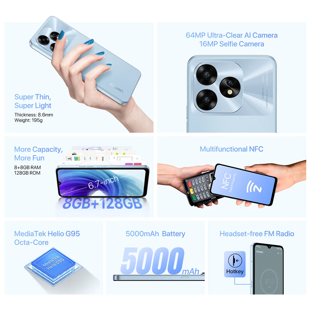 UMIDIGI A15T Smartphone Android 13 MTK Helio G95 Octa-Core Ultra-Slim 6,7\'\' HD+ 8+8GB 128GB 64MP 5000mAh Akku Hotkey NFC AGPS