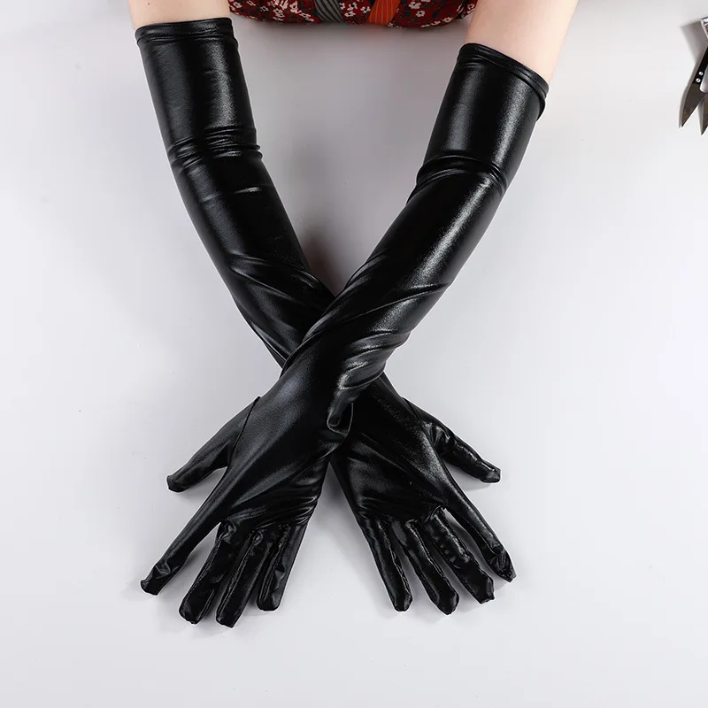 Sexy Elbow Length Women Shiny Long Gloves Leather Latex Cosplay Clothing Performance Pole Dancing Black Tight Gloves Accessories