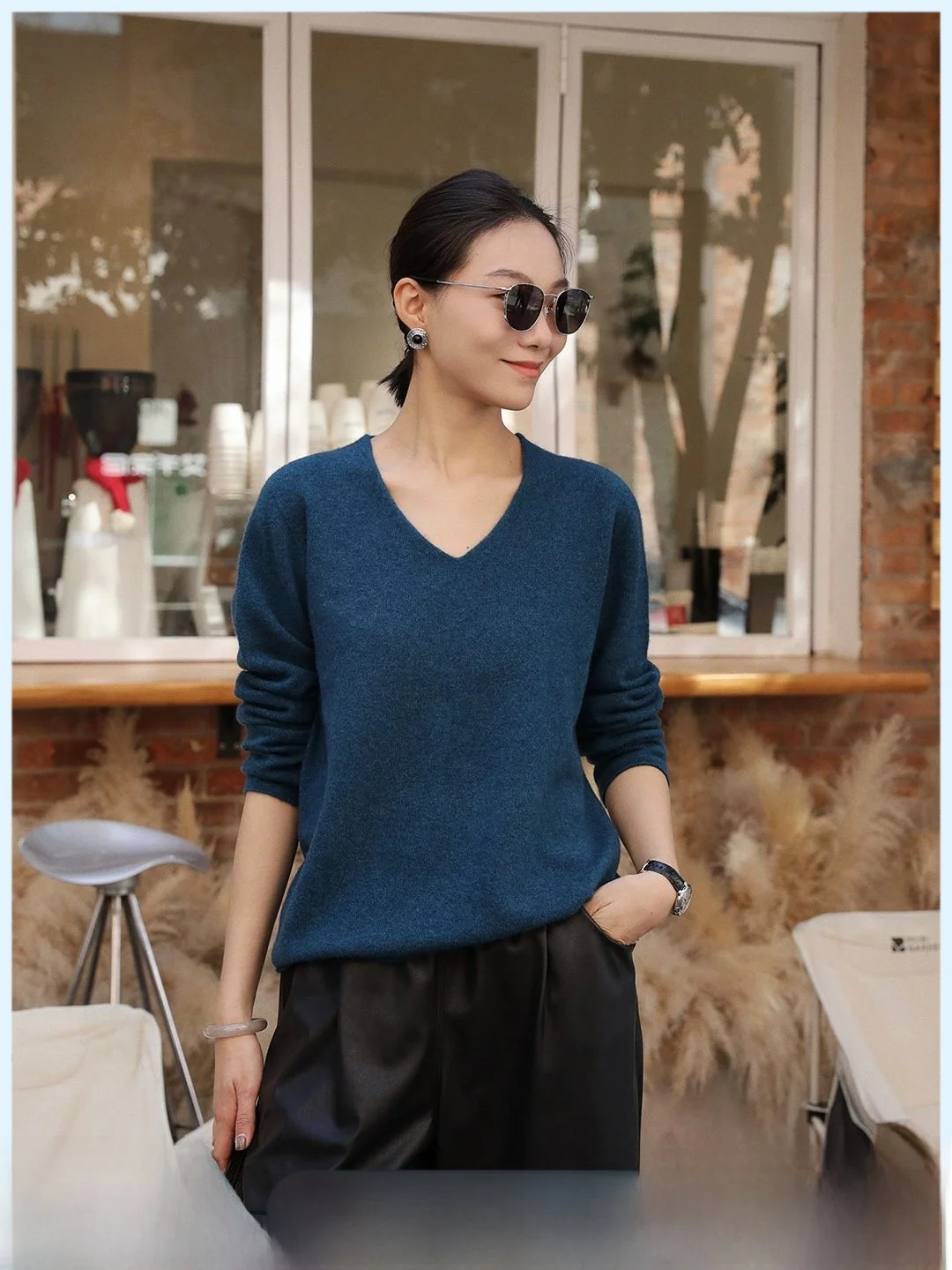 

Blue V-Ne Camere Sweater Casual Loose Base Layer Knitted Women's Spring New Sle Comfortable Breathable Long Sve