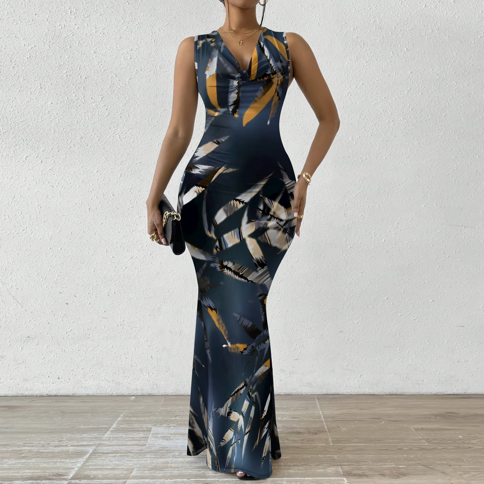 

Trendy Plus Size Feather Print Sleeveless Maxi Dress Deep Blue Slim Fit Beach Holiday Party Outfit