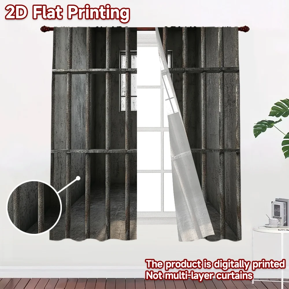 2D flat 2pcs Curtain Country Style Rusty Jail Cell Digitally printed polyester, colorfast Family Party Decoration Perfect for