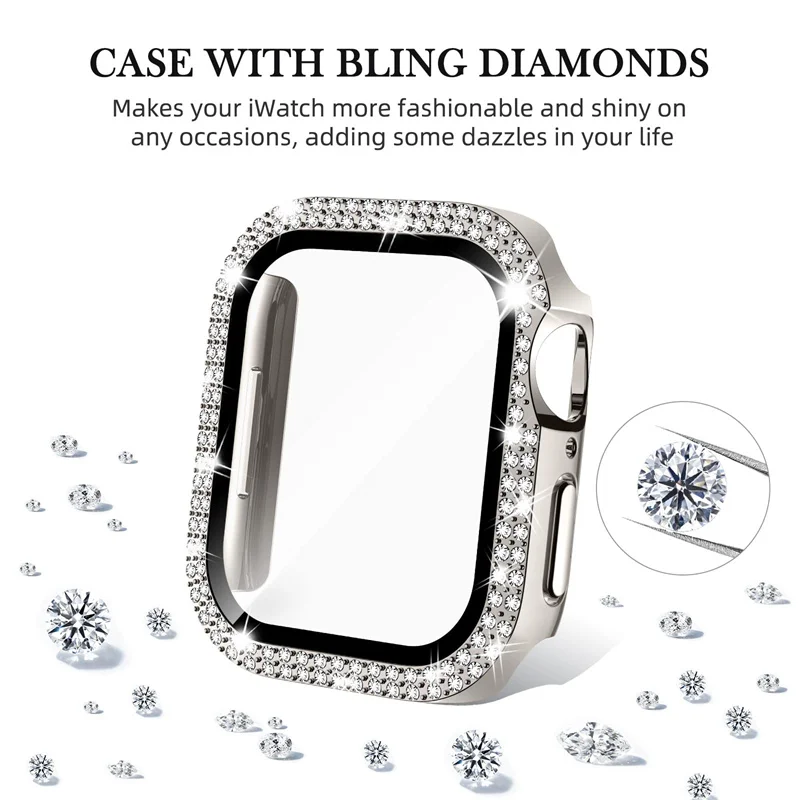 Bling Glass+Cover For Apple Watch Case 44mm 45mm 41mm 40mm 42mm 44 mm Diamond bumper+Screen Protector iwatch series 7 9 8 5 6 SE