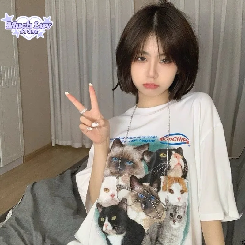 Invincible and Cute Cat Print T-shirted for Men and Women Summer Fashion Trend Casual Comfy Pure Cotton Couple Short Sleeve Top