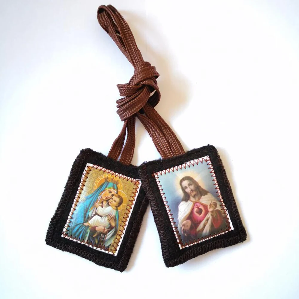 Corazón marrón católico de Jesús y Virgen María escapular de benedición y protección escapulares hechos a mano collar católico regalo