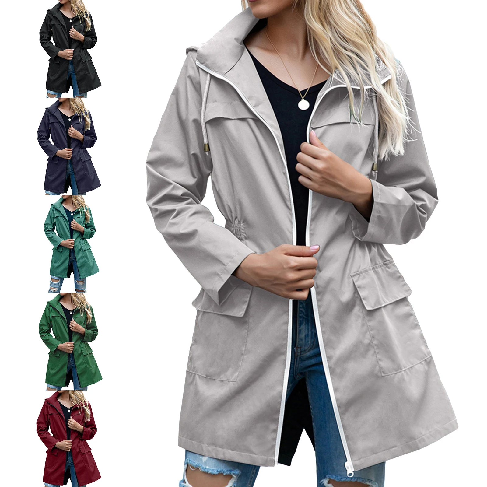 Womens Light Rain Jacket Waterproof Active Outdoor Trench Raincoat with Hood Ladies Lightweight Windproof Windbreaker
