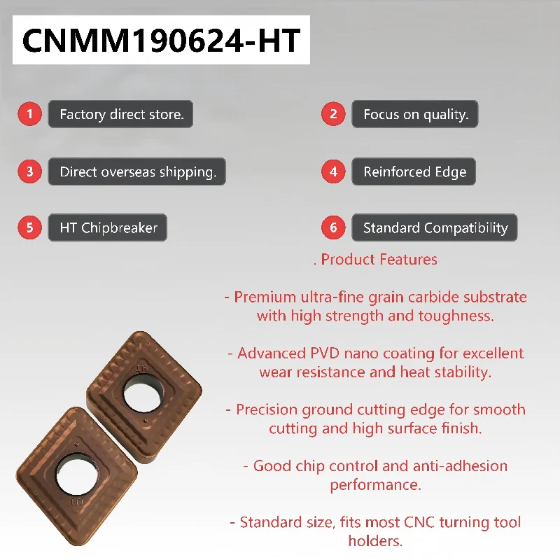 

CNMM190624-HT CNC Turning Inserts Tungsten Carbide Inserts Heavy Duty Roughing Cutting Tools for Carbon Steel Alloy Steel
