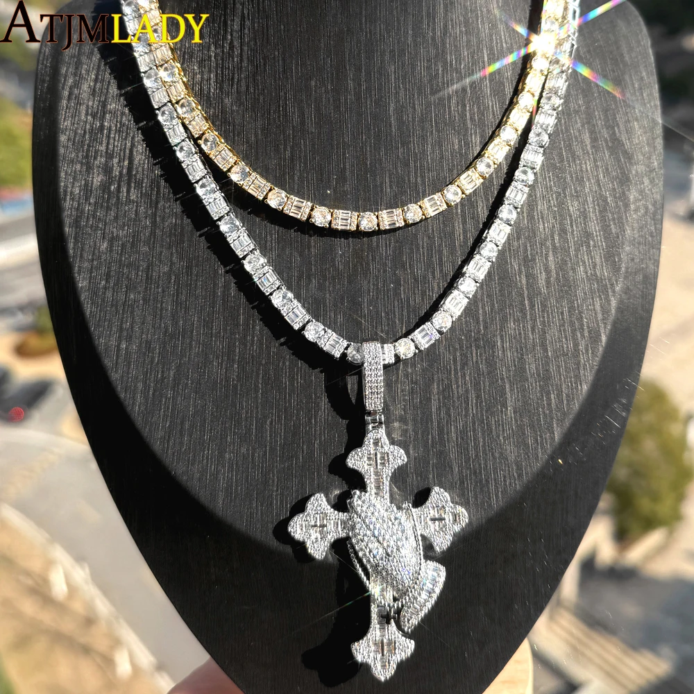 2025 New Iced Out Cross Praying Hands Pendant Necklace 5mm Round Cubic Zirconia Micro Pave Tennis Chain  for Men Hip Hop Jewelry