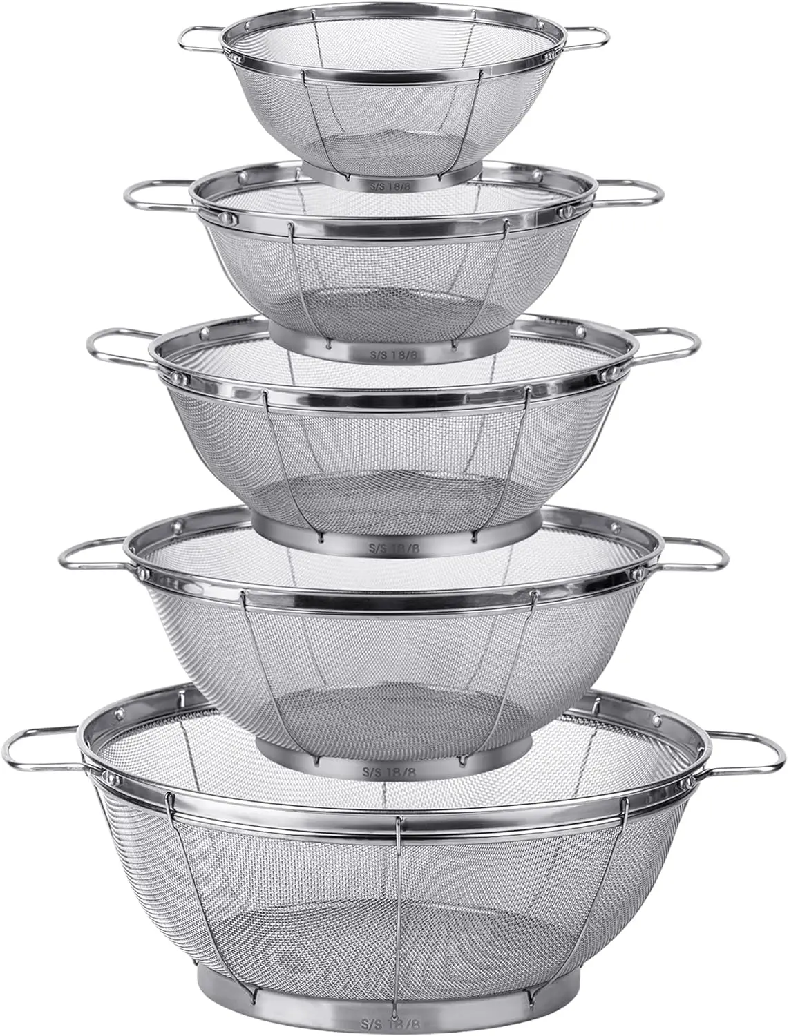 

5-Pack Stainless Steel Colanders with Handles, Multi-Size Mesh Strainers for Kitchen Use