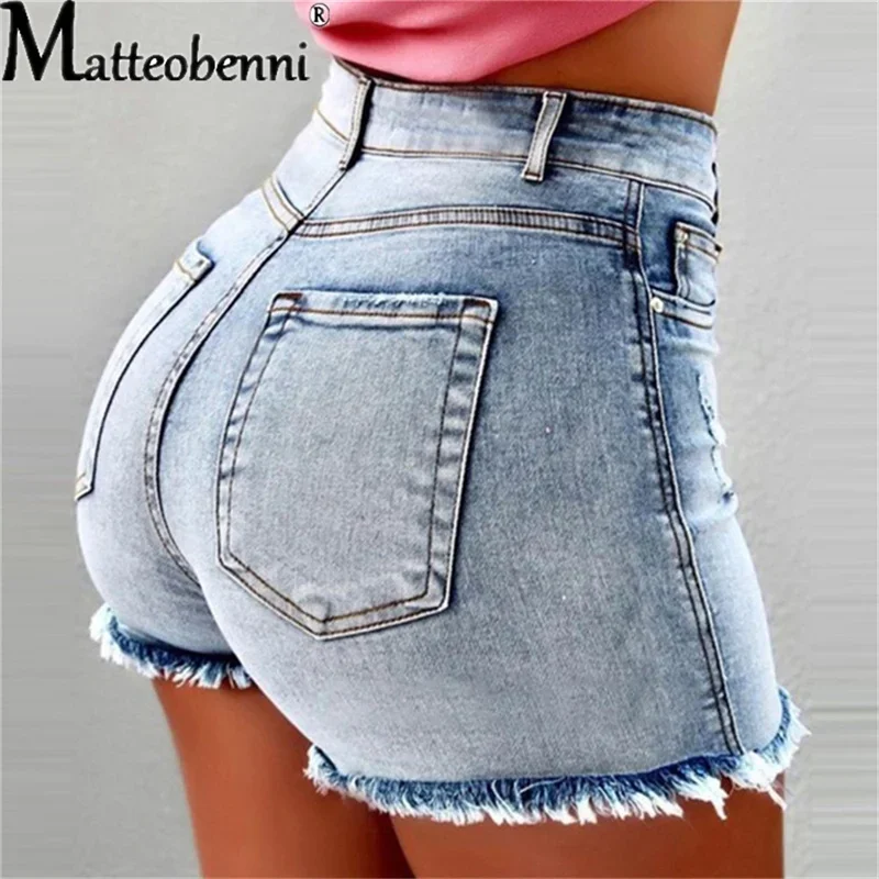 2024 Women High Waist Denim Shorts Ripped Hole Bodycon Short Feminino Jean Shorts With Tassel Summer Casual Streetwear