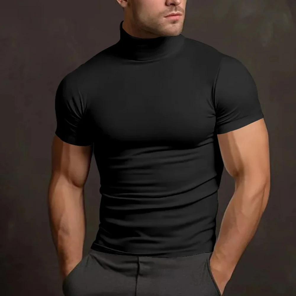 

New Men's High Neck T-Shirt Sports Running Gym Polo Neck Training Elastic Quick Dry Short Sleeve Men's T-Shirt Casual Tight Top