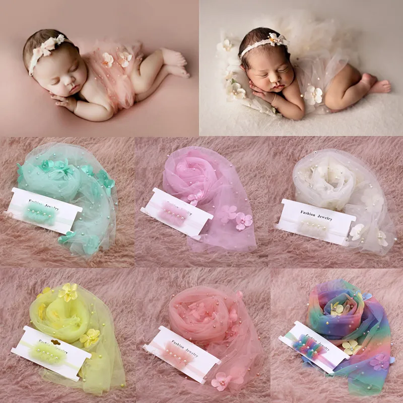 

Newborn Photography Clothing Floral Pearl Mesh Wrap+Headband 2Pcs/Set Studio Baby Girl Fotografia Props Accessories Gauze Wrap