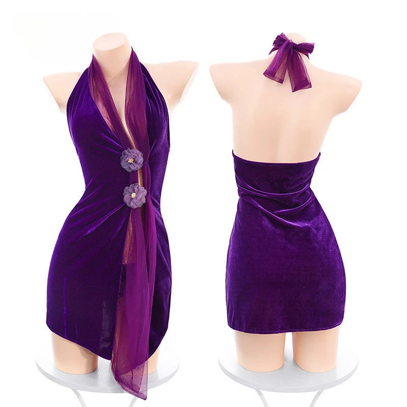 우아한 레이디 벨벳 치파오 섹시한 등 받침, 옆트임 가슴 유혹, 중국 고대 전통 란제리 치파오