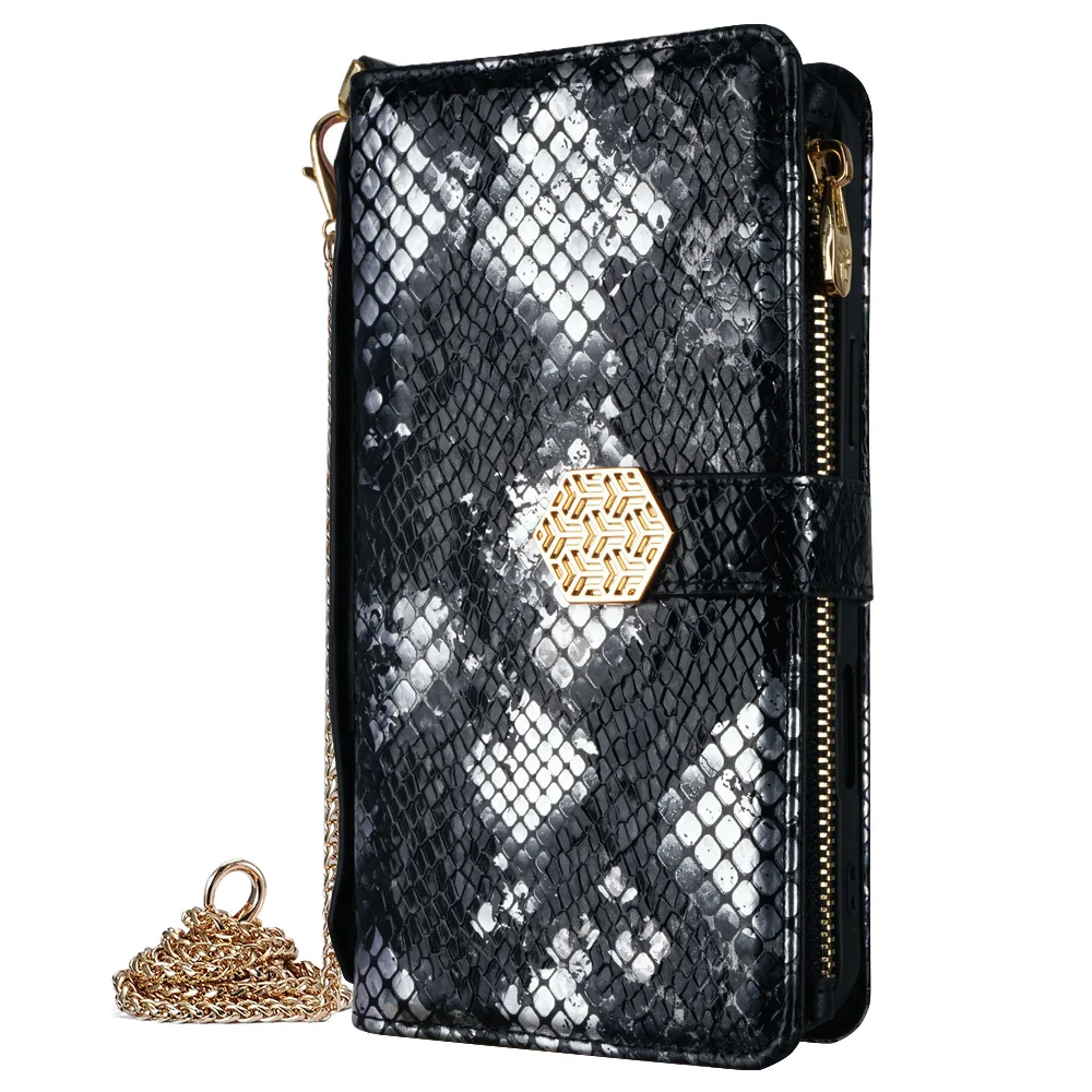 

Metal Shoulder Strap Wallet Phone Case for iPhone 16 Pro Max 13 12 11 14 15 Pro Max Lady Leather Card Slots Pocket Lanyard Cover