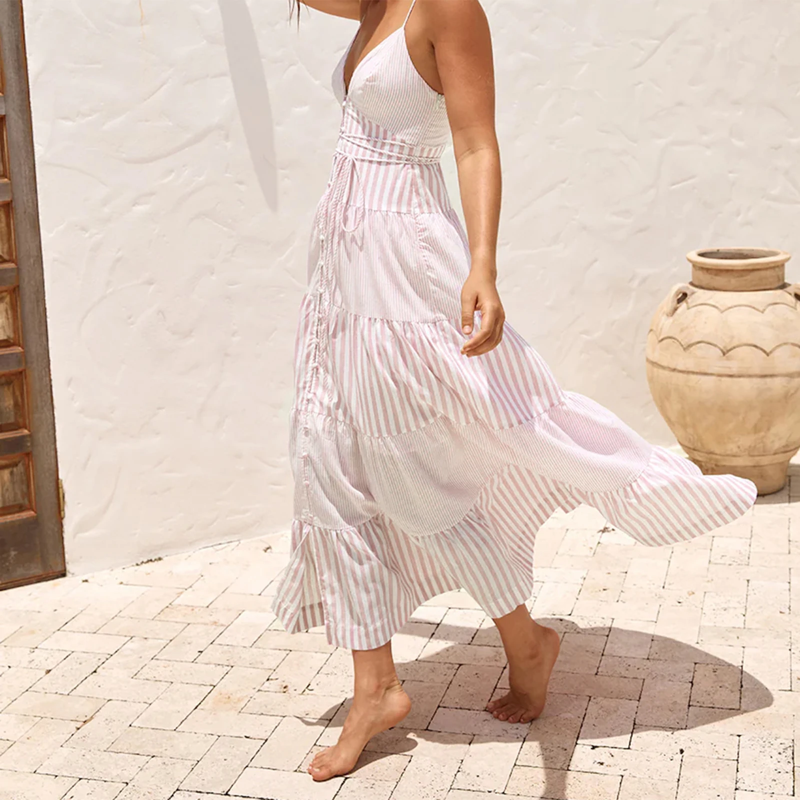 Combhasaki Donna Stampa a righe Colore a contrasto Scollo a V Regolabile Sottile cinturino per spaghetti Button-up Cami Slip Abito lungo con cintura a trapezio